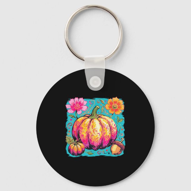 Boho Floral Thanksgiving Pumpkin Season Fall Vibes Key Ring (Front)