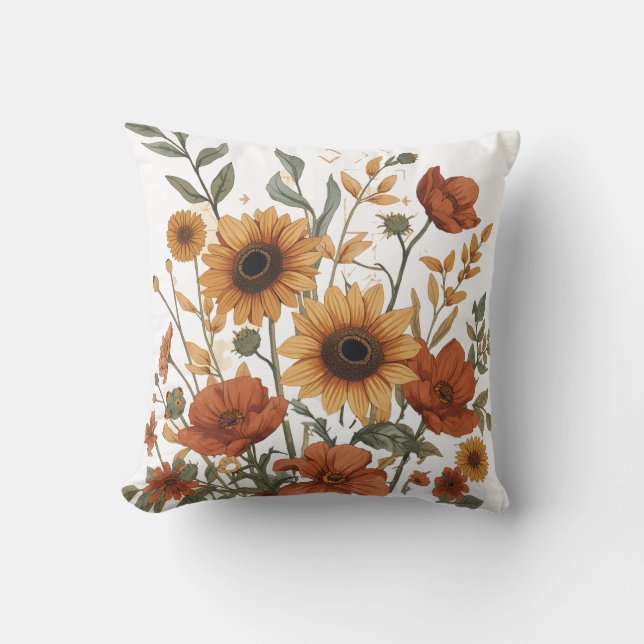 Boho Floral Throw Pillow in Warm Earthy Tones (Front)