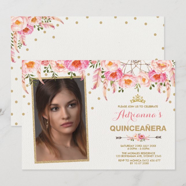 Boho Floral Tiara Dreamcatcher / Girly Quinceañera Invitation (Front/Back)