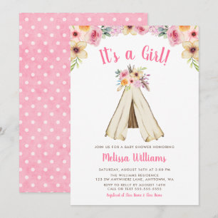 Boho Floral Tribal Teepee Girl Baby Shower Invite