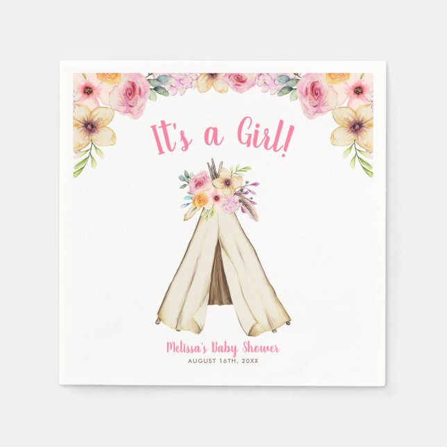 Boho Floral Tribal Teepee Girl Baby Shower Napkin (Front)