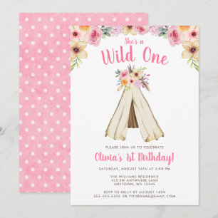 Boho Floral Tribal Teepee Wild One 1st Birthday Invitation