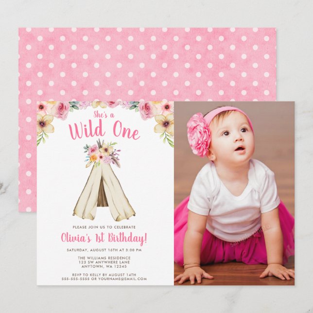 Boho Floral Tribal Teepee Wild One Birthday Photo Invitation (Front/Back)