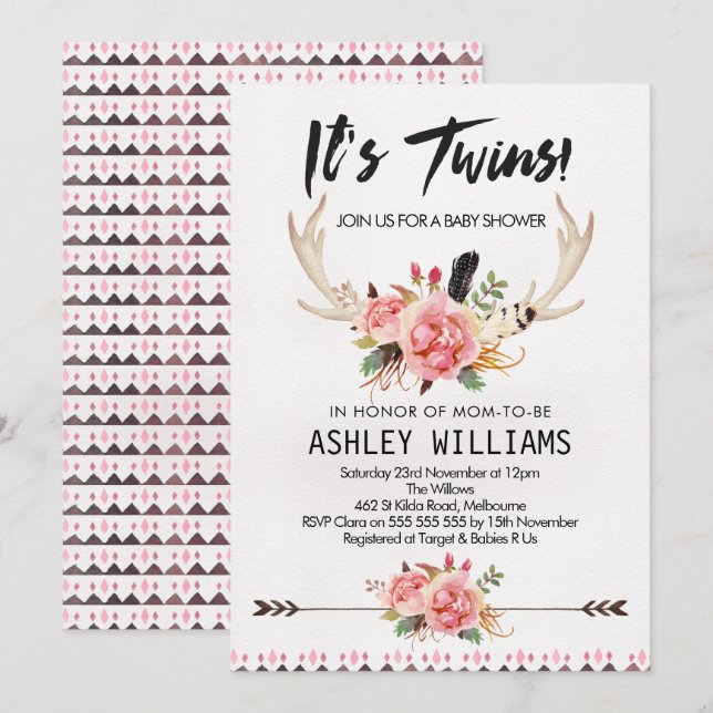 Boho Floral Twin Girls Baby Shower Invitation (Front/Back)