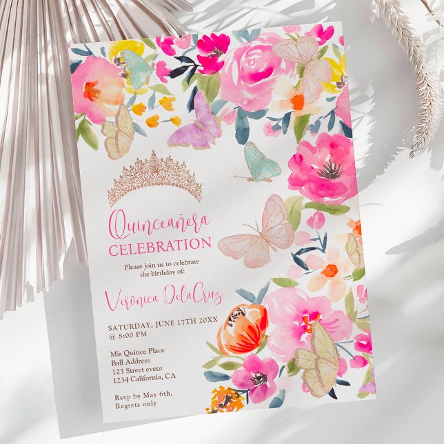 Boho floral watercolor butterflies quinceanera invitation (Boho floral watercolor butterflies quinceanera invitation)