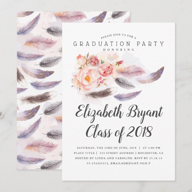 Boho Floral Watercolor Feathers Graduation Party Invitation (Front/Back)