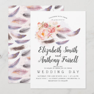 Boho Floral Watercolor Feathers Wedding Invitation
