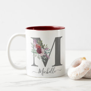 Boho Floral Watercolor Monogram Initial Two-Tone Coffee Mug