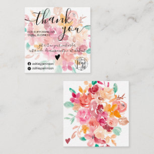 Boho floral watercolor order thank you square business card