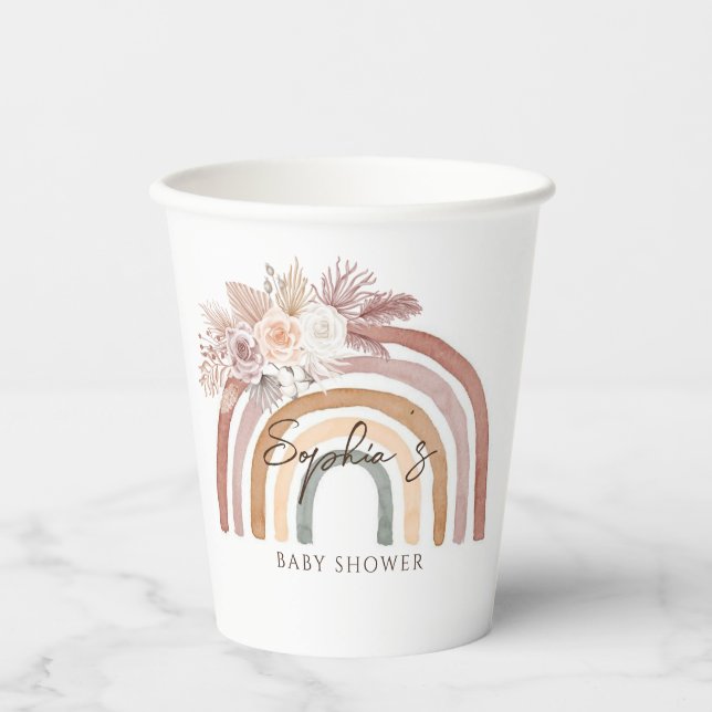 Boho Floral Watercolor Rainbow Baby Shower Paper Cups (Front)