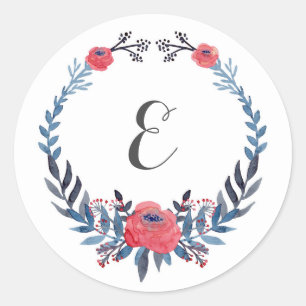 Boho Floral Watercolor Red Roses   Monogram Classic Round Sticker