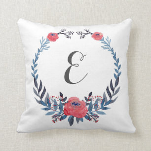 Boho Floral Watercolor Red Roses Monogram Cushion