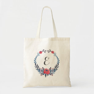 Boho Floral Watercolor Red Roses Monogram Tote Bag