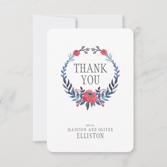 Boho Floral Watercolor Red Roses | Thank You (Front)