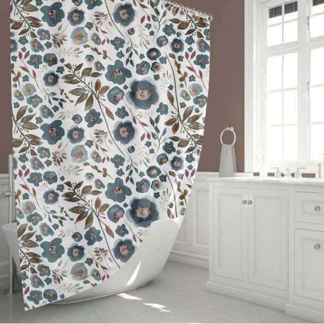 Boho Floral Watercolor Shower Curtain (Boho Brown Cranberry Deep Blue Floral Pattern Shower Curtain from Studio Posies.)