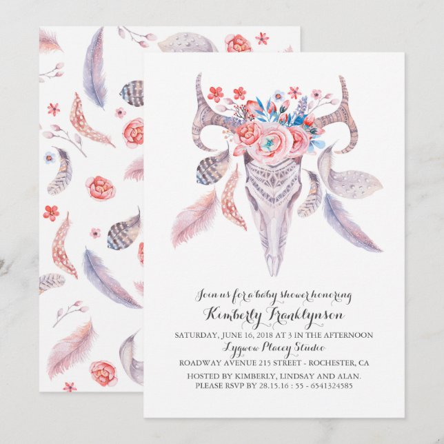 Boho Floral Watercolor Skull Baby Shower Invitation (Front/Back)