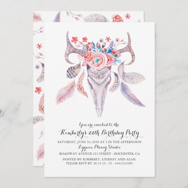 Boho Floral Watercolor Skull Birthday Party Invitation (Front/Back)