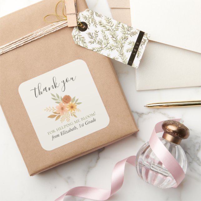 Boho Floral Watercolor Teacher Thank You  Square Sticker (Gifting)
