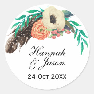Boho Floral Watercolor Wedding Classic Round Sticker