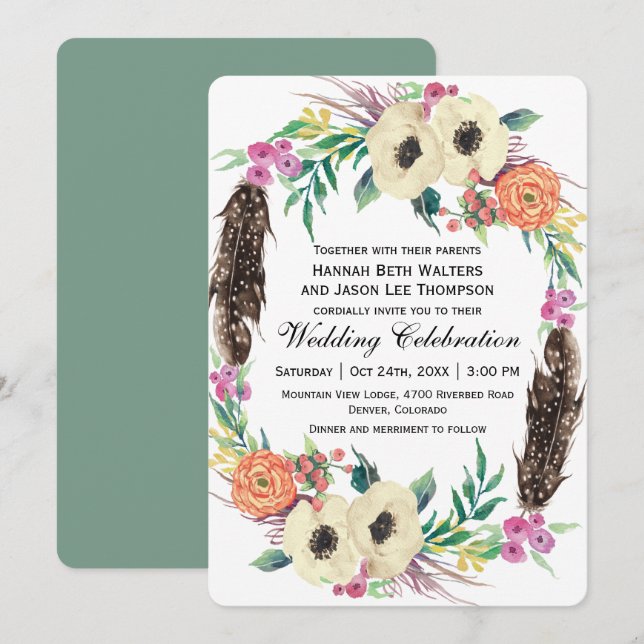 Boho Floral Watercolor Wedding Invitation (Front/Back)