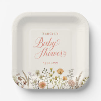 Boho Floral Watercolor Wildflower Baby Shower Paper Plate