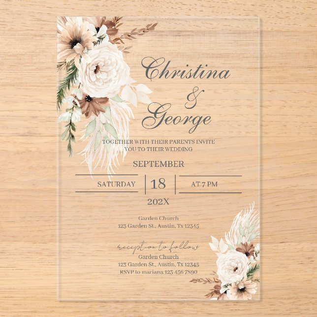 Boho Floral Wedding Acrylic Invitation (Front)