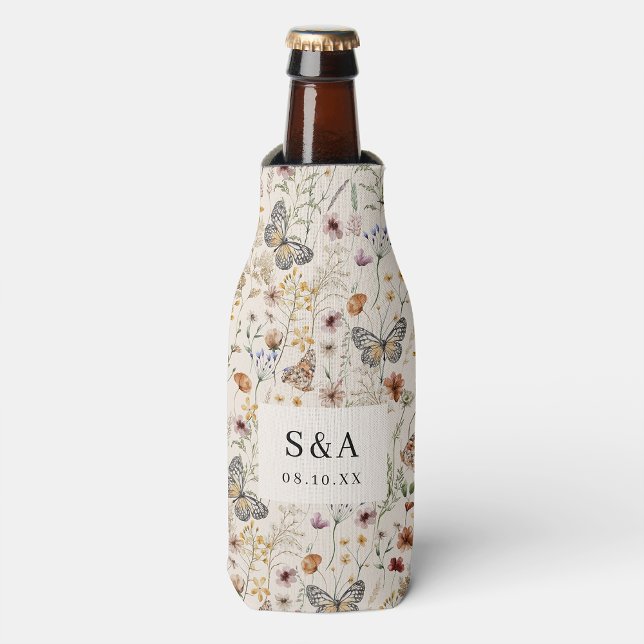 Boho Floral Wedding Bottle Cooler (Tan Wildflower with Butterflies Boho Floral Wedding Bottle Cooler by Painted Paperie
)