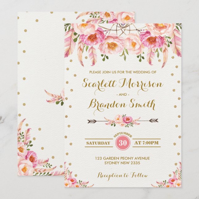 Boho Floral Wedding / Chic Blush Pink Gold Floral Invitation (Front/Back)