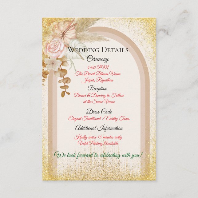 Boho Floral Wedding Details Card with Gold Sparks (Front)