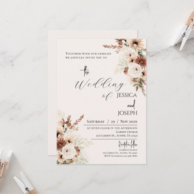 Boho Floral Wedding  Invitation (Front/Back In Situ)