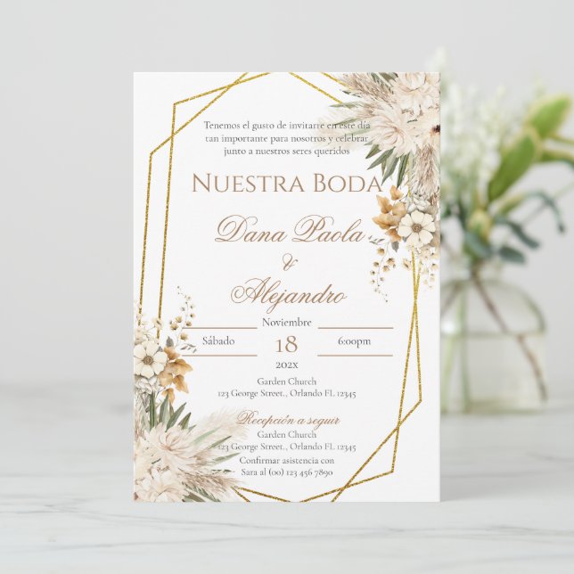 Boho Floral wedding invitation in Spanish (Standing Front)