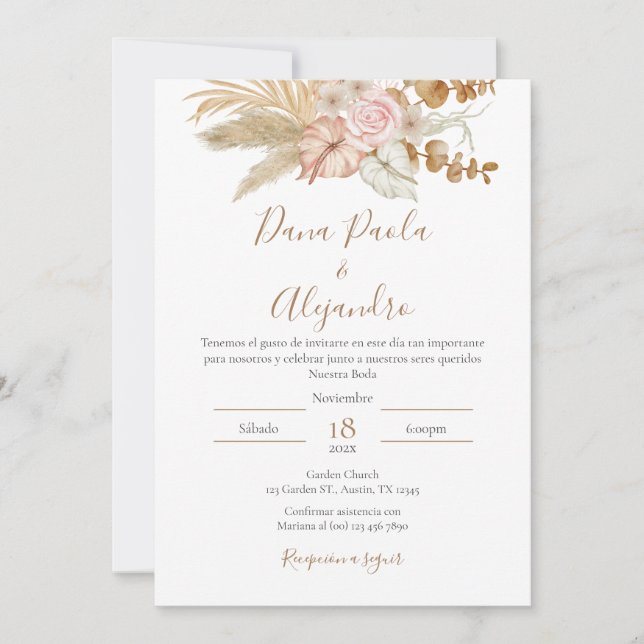 Boho Floral wedding invitation in Spanish (Front)