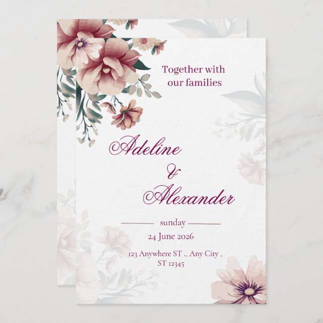 Boho Floral Wedding Invitation Template (Front/Back)