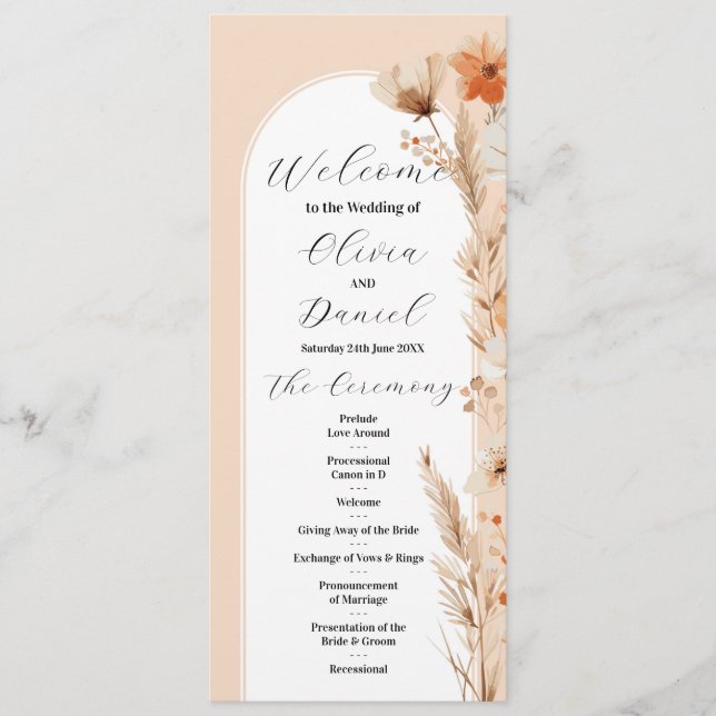 Boho Floral Wedding Menu Ceremony Details (Front)