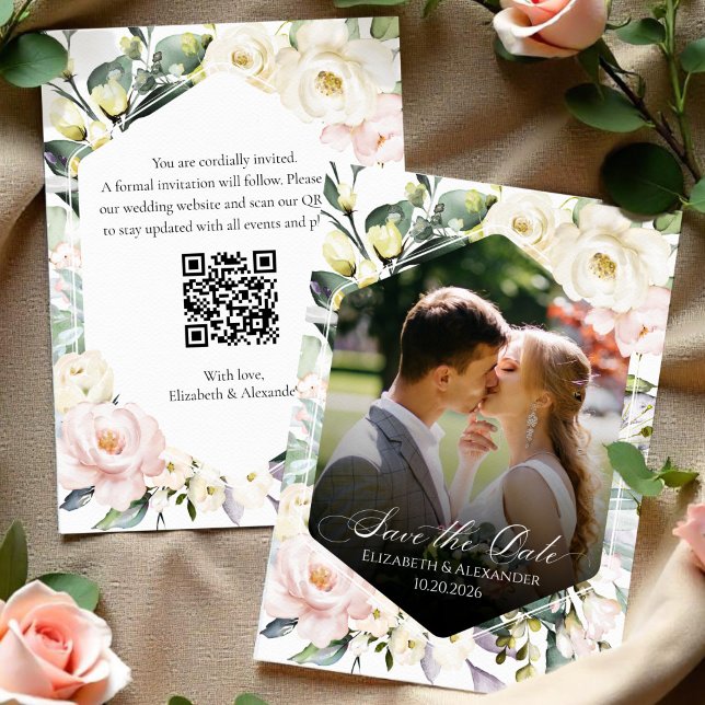 Boho Floral Wedding Photo QR code Save the Dates Invitation (Creator Uploaded)