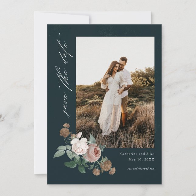 Boho floral wedding photo save the date invitation (Front)