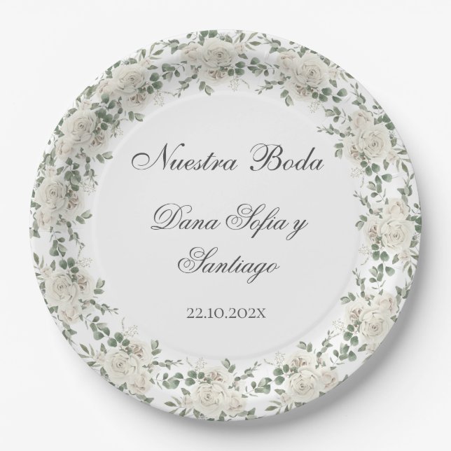 Boho Floral Wedding Spanish Paper Plate (Front)