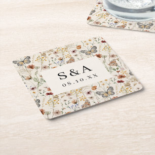 Boho Floral Wedding Square Paper Coaster