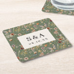 Boho Floral Wedding Square Paper Coaster<br><div class="desc">Add a personalised and elegant touch to your wedding reception with our Sage Green Wildflower monogrammed square coaster. Featuring a beautifully hand-painted wildflower design on a calming sage green backdrop, this coaster is customised with your monogram to perfectly complement your boho wedding theme. Both practical and stylish, it’s a thoughtful...</div>