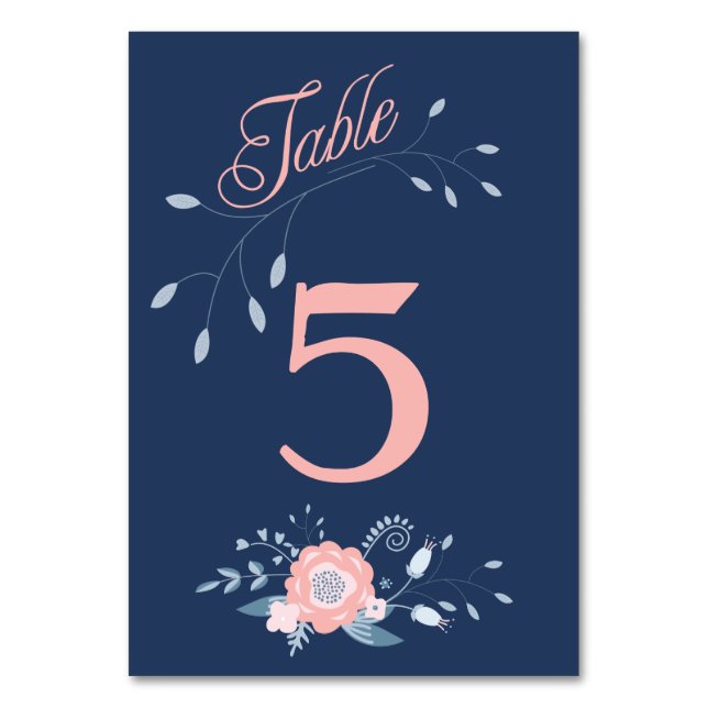 Boho floral wedding table number cards Blush blue (Front)