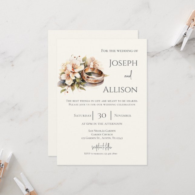 Boho floral wedding with rings invitation (Front/Back In Situ)