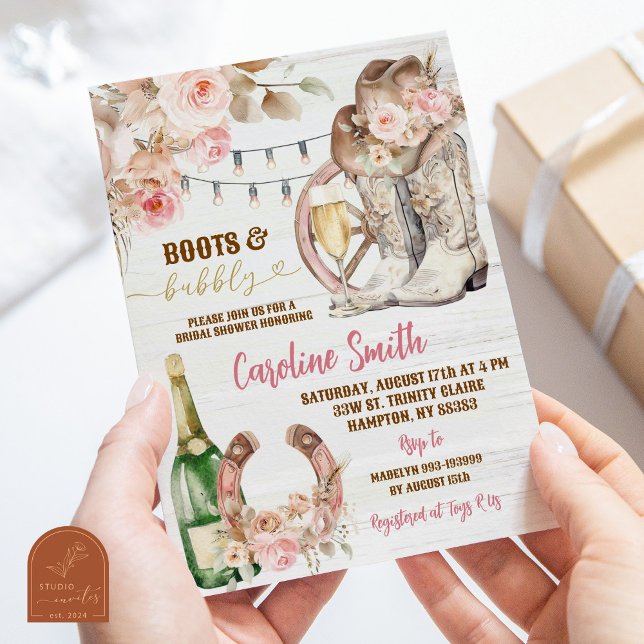 Boho Floral Western Boots and bubbly Bridal Shower Invitation (Creator Uploaded)