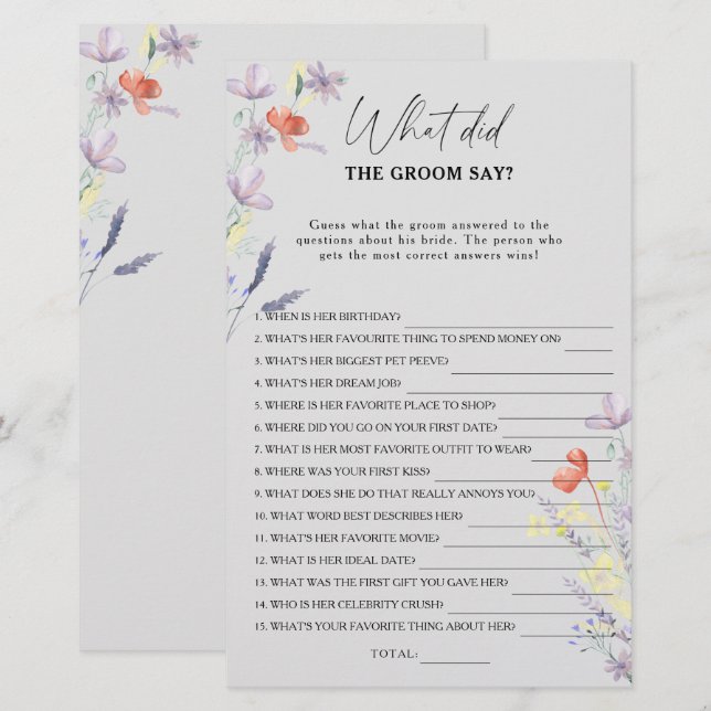 Boho Floral What did the groom say bridal game (Front/Back)