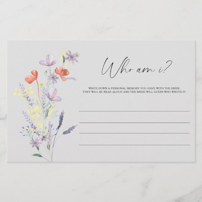 Boho Floral Who am I bridal shower game Stationery (Front)