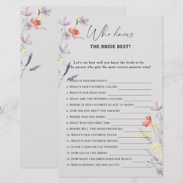 Boho Floral Who knows the bride best game (Front/Back)