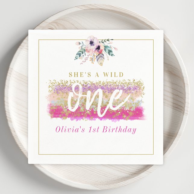 Boho Floral Wild One Girl's First Birthday Party Napkin (Creator Uploaded)