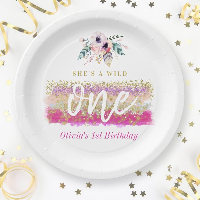 Boho Floral Wild One Girl's First Birthday Party Paper Plate (Creator Uploaded)