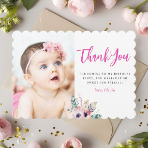 Boho Floral Wild One Girl's First Birthday Photo Thank You Card