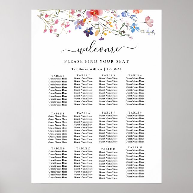 Boho Floral wildflower wedding Seating Chart (Front)