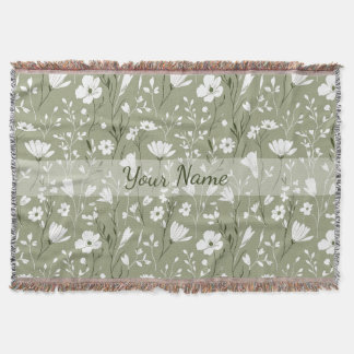 Boho Floral Wildflowers Sage Green Personalized Throw Blanket